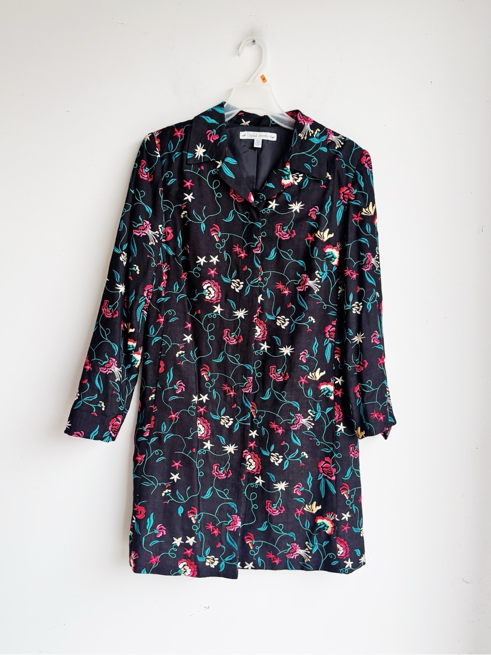 David Brooks Raw Silk Embroidered Floral Long Jacket Black M - Picture 5 of 7